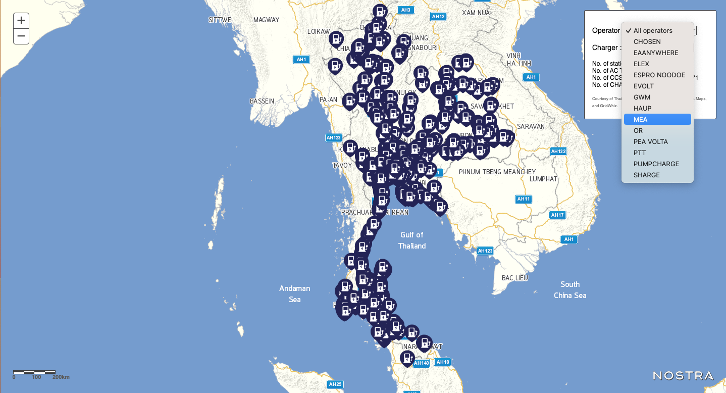 แผนที่สถานีชาร์จรถยนต์ไฟฟ้าทั่วประเทศไทย